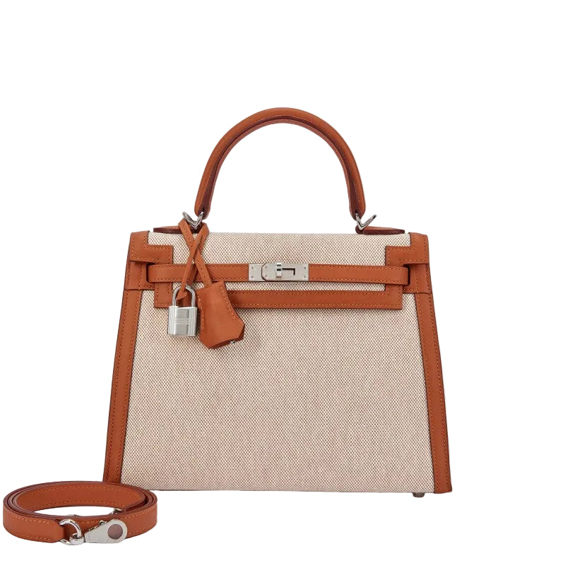 HERMÈS Gold Swift and Ecru Toile Quadrille Kelly 25 Sellier Palladium Hardware, 2024